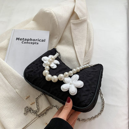 Retro Women&#39;s Handbag Black and White Flower Bubble Jacquard Underarm Bag Fold Handbag Simple Shoulder Bag Hot Pearl Chain Bags