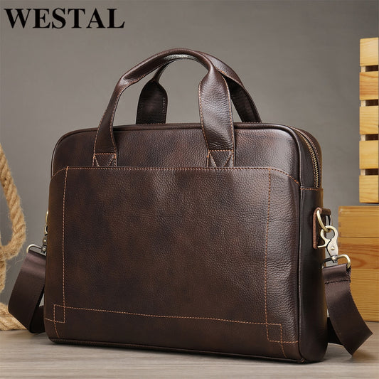 WESTAL 14&#39;&#39; Laptop Bag for Men Briefcases Genuine Leather Bag for Document A4 Men&#39;s Business Bag Work Computer Briefcases 5006