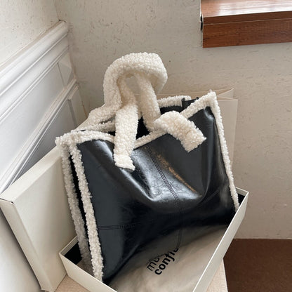 Women New PU Leather Faux Fur Top-handle Tote Bag Student Winter Fashion Faux Lamb Wool Big Capacity Laptop Everyday Handbag