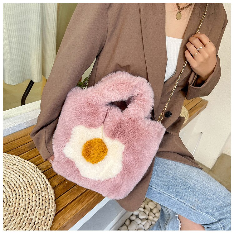 Fashian Faux Fur Egg Toast Bag Tote Bag Women Winter Warm Handbag High Quality
