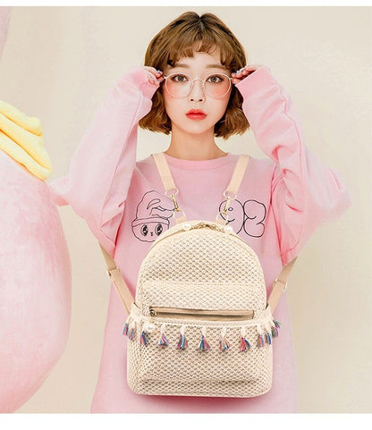 Fashion Tassels Women Backpacks Straw female Shoulder bag National Beach Backpack Teenage Girl Travel Rucksack bags bolsa khaki