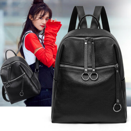 Women&#39;s Fashion Black Leather Backpack Multi-Pocket Large Capacity Soft Leisure Bag for Outdoor Travel