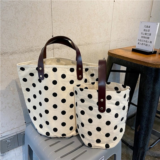 French Retro Dot Women Canvas Handbags Fashion Smiley Ladies Picnic Bucket Bag Reusable Cotton Portable Lunch Box Bags Purses