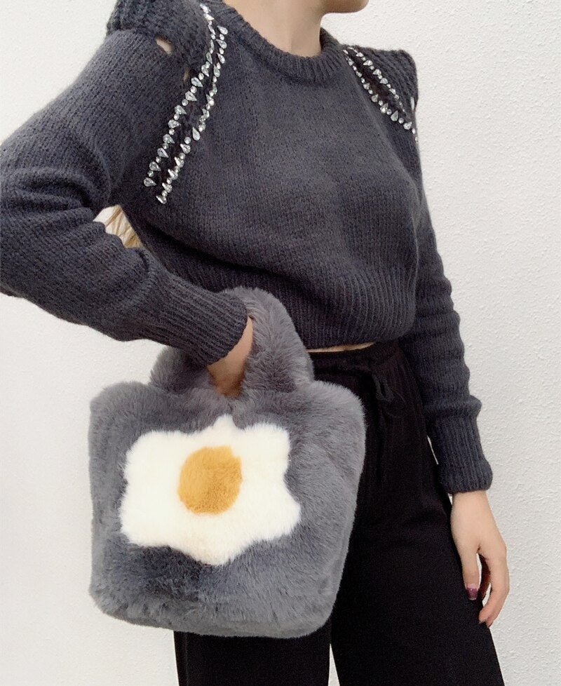 Funny Egg Design Chain Handbag for Women Winter Soft Shoulder Handbags Women&#39;s Travel Totes Ladies Handbag Purses and Crossbody