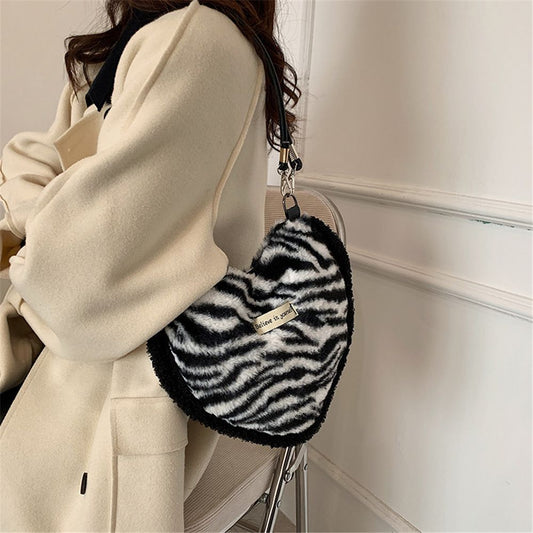 Women Flower Print Shoulder Bags Female Heart Shape Zebra Pattern Underarm Bags Soft Plush Handbag Furry Fluffy Tote