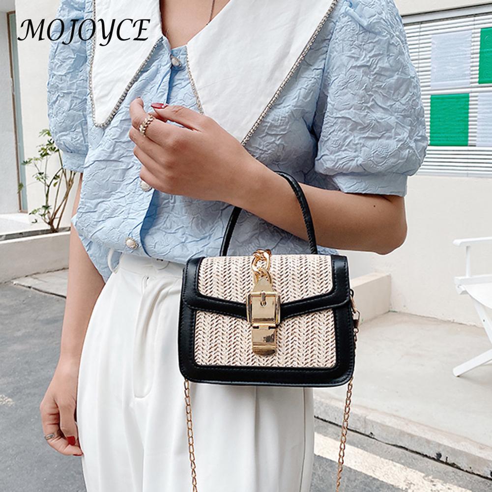 Retro Women Bag Woven PU Stitching Messenger Casual Ladies Beach Chain Handbag Summer Beach Bag Rattan Tote Square Box