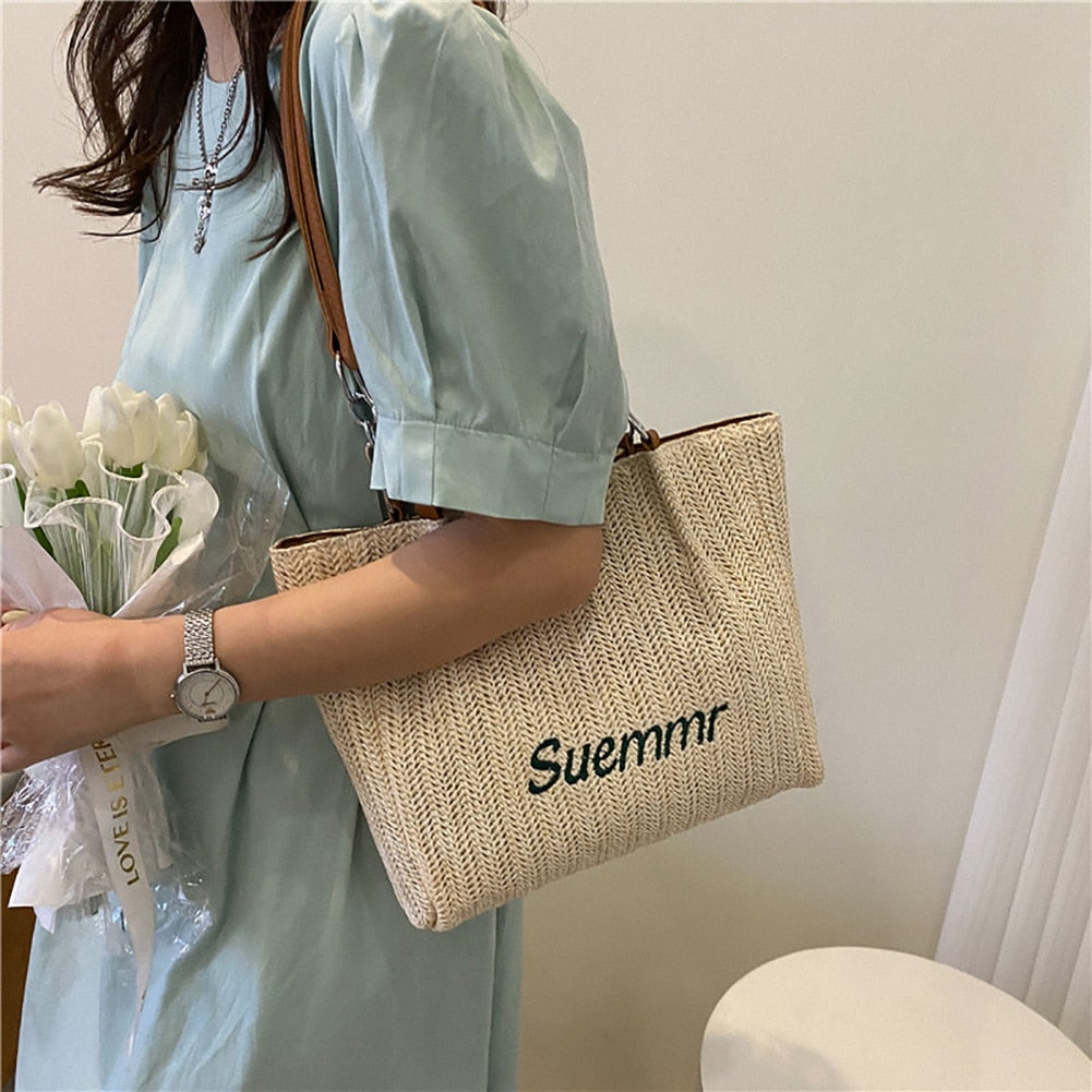 Straw Shoulder Bags for Women Large Capacity Handmade Woven Tote Bags Casual Seaside Beach Ladies Underarm Bags Vacation Handbag