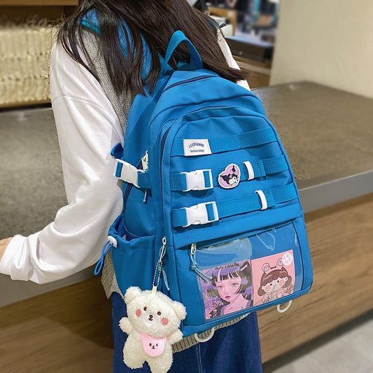 Transparent Pocket Nylon Women Backpack Fashionable Girl Buckled Travel Bag Female Cool Back Pack Student Lady Schoolbag Bookbag