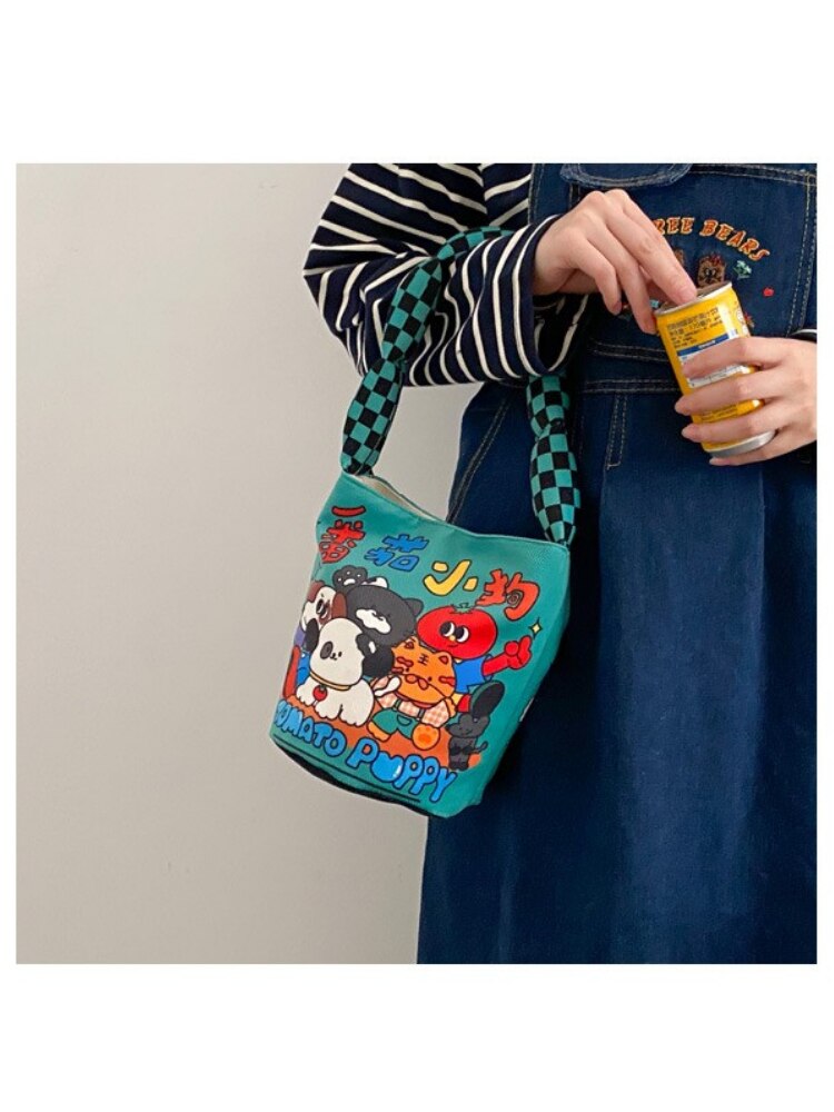 Animal Cartoon Pattern Print Women Cotton Bucket Shaped Shoulder Bag Magnetic Buckle Tote Female Hand Carry Canvas Bags