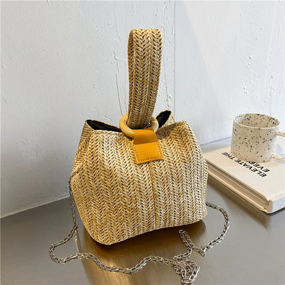 Women Straw Braid Shoulder Bag Woven Bucket Handbags Small Square Bag Khaki Straw Bag Casual Vacation Bags For Lipstick Phone