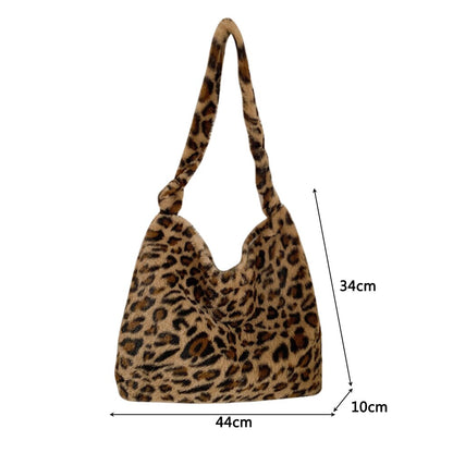 Women Shoulder Bags Fluffy Women Autumn Winter Leopard Cow Printing Large Tote Plush Underarm Bag for Daily Travel