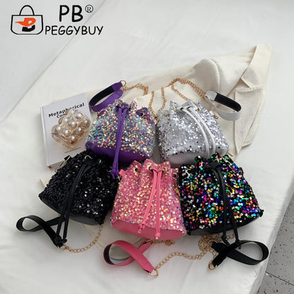 Women Fashion Crossbody Bags Sequins Solid Color Drawstring Messenger Bag Ladies Casual Bags Winter Supplies