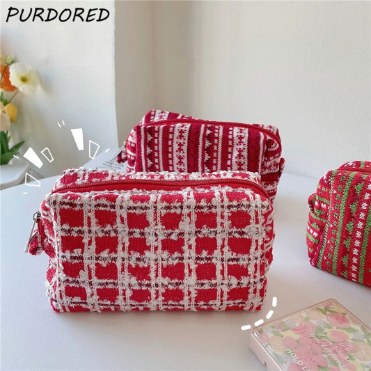 PURDORED 1 Pc New Year Red Makeup Bag for Women Travel Soft Knitted Fabric Cosmetic Bag Organizer Case Make Up Case Necessaries