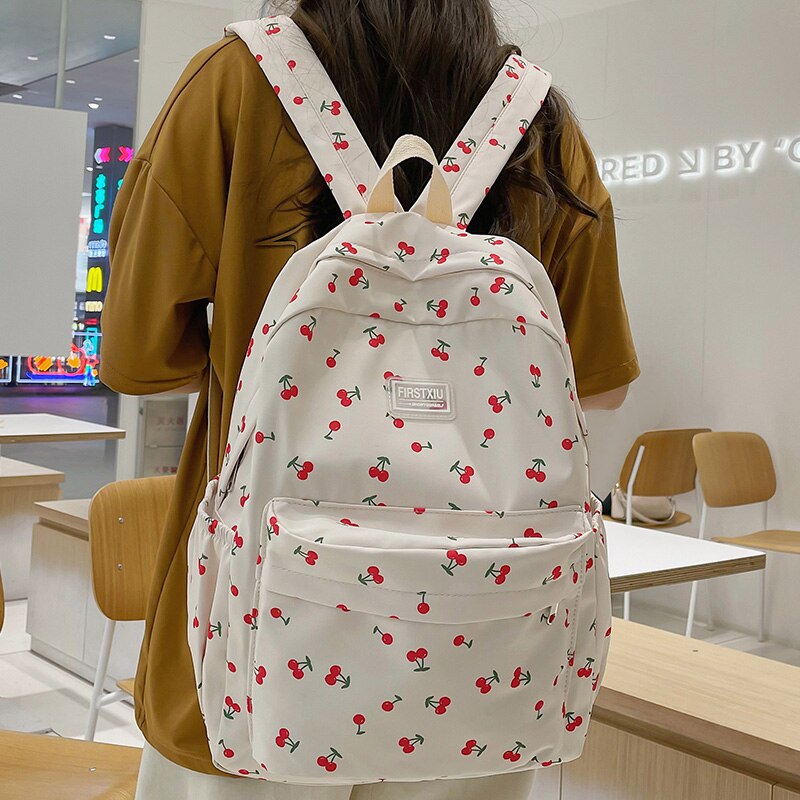 New Female Cute Cherry Floral Print Laptop College Backpack Lady Book Bag Women Kawaii Backpack Student Fashion Girl School Bags