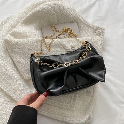 Women&#39;s Vintage Bow Crossbody Bag PU Leather Underarm Bag Fashion Retro Simple Small Messenger Chain Bag Purses Handbags