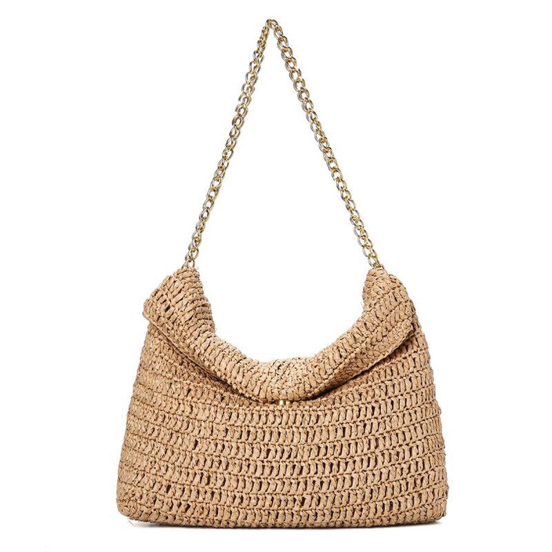 New Fashion Women&#39;s Shoulder Bag Bohemian Summer Straw Beach Bag Zip Designer Female Chain Tote Bag High Capacity Shopper Wallet