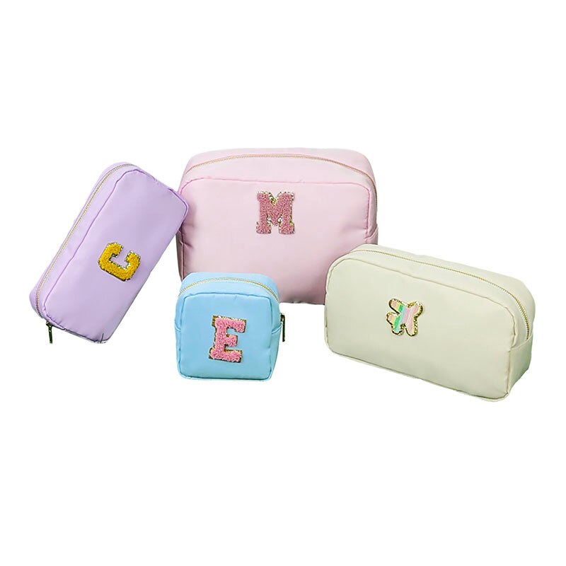 Letter Patch Custom Travel Cosmetic Bag Personalized Nylon Pouch Toiletry Bag Chenille Patch Makeup Toiletries Girl Cosmetic Bag