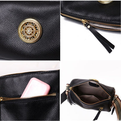 Women Genuine Leather Handbags Simple and Fashionable Wide Shoulder Bag Rotating Metal Lock Ladies Shoulder Bags Messenger Bag