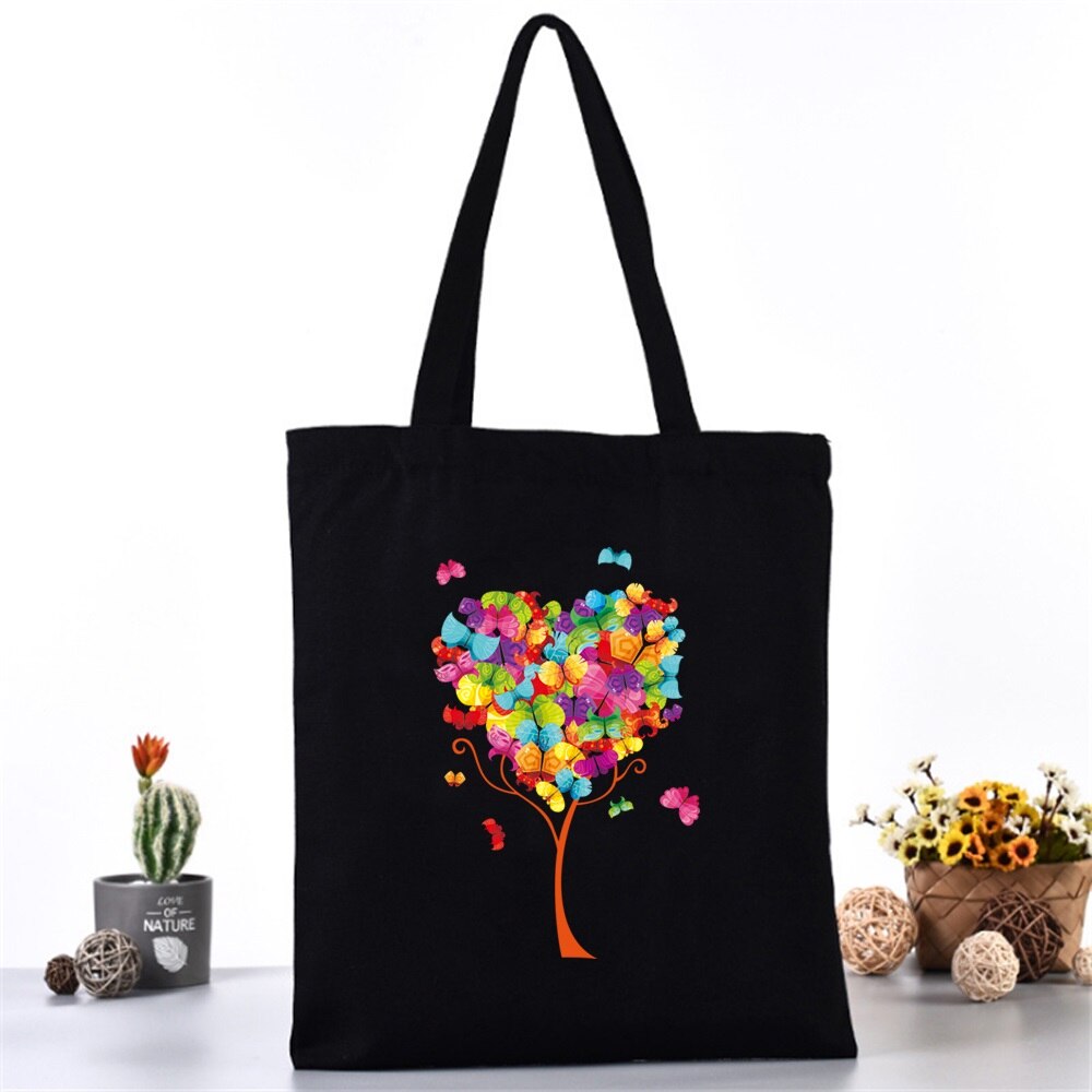 Women Canvas Shoulder Bag Fashion Butterfly Series Tote Shoppers Bags Eco Organizer Large Handbags Folding Grocery Shopping Pack