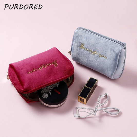 PURDORED 1 Pc Women Zipper Velvet Make Up Bag Travel Large Cosmetic Bag for Makeup Solid Color Female Make Up Pouch Necessaries