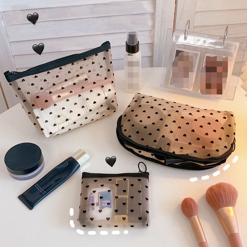 New Zipper Make Up Bags Fashion Black Dot Transparent Mesh Cosmetic Bag Women Travel Toiletry Wash Makeup Bag Storage Case