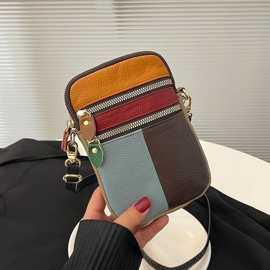 100% Genuine Leather Women Shoulder Bag Multi Zipper Soft Cowhide Girls  Small Mobile Phone bag Color Stitching Color Random