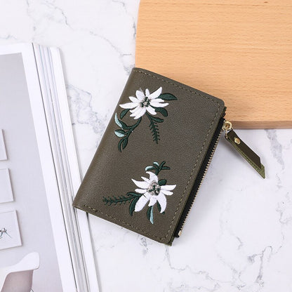 Women&#39;s Short Embroidered Flower Zipper Simple Student Coin Purse Thin Multi-card Fashion Wallet Women Handbag