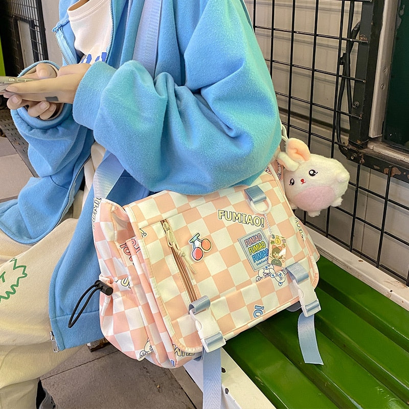 Japanese Cute Women Plaid Messenger Bags Ladies Cover Shoulder Crossbody Bag Sweet  Teenager Girls Checkerboard Bunny Handbags