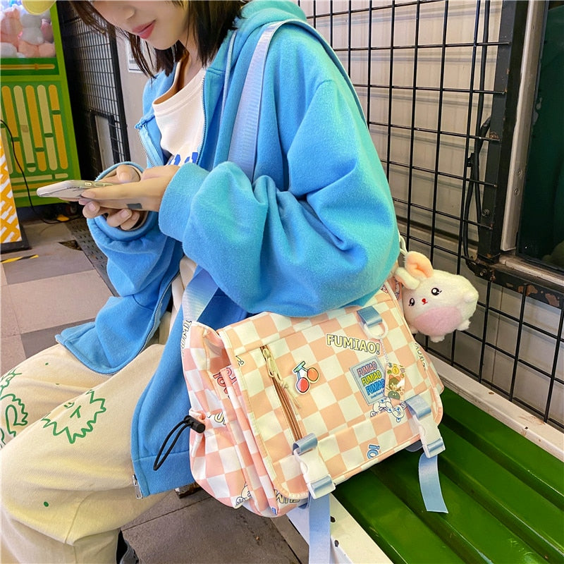 Japanese Cute Women Plaid Messenger Bags Ladies Cover Shoulder Crossbody Bag Sweet  Teenager Girls Checkerboard Bunny Handbags