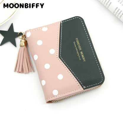 Fashion Wallets For Women Ladies Short Polka Dot Stitching Wallet Ladies Tassel Coin Purse Multifunctional Card Case Money Bag