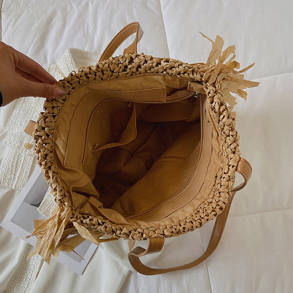 Shoulder Bags Semicircle Casual Woven Handbags Shoulder Bag Women Female Summer Rattan Handmade Tassel Handbag