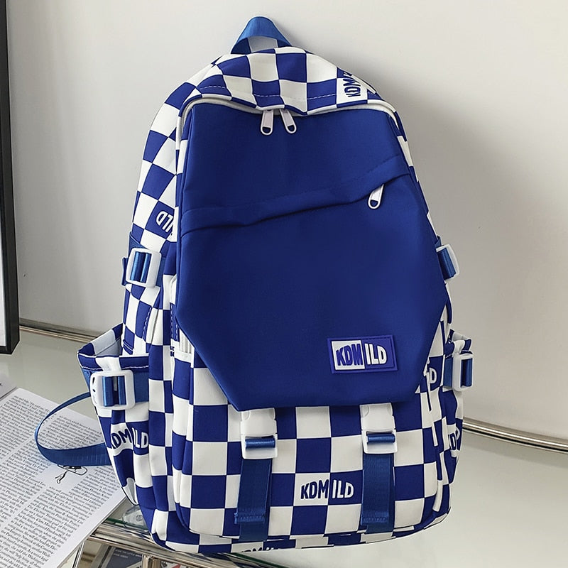 Klein blue schoolbag INS niche design sense large capacity students chessboard Japanese versatile simple Korean version