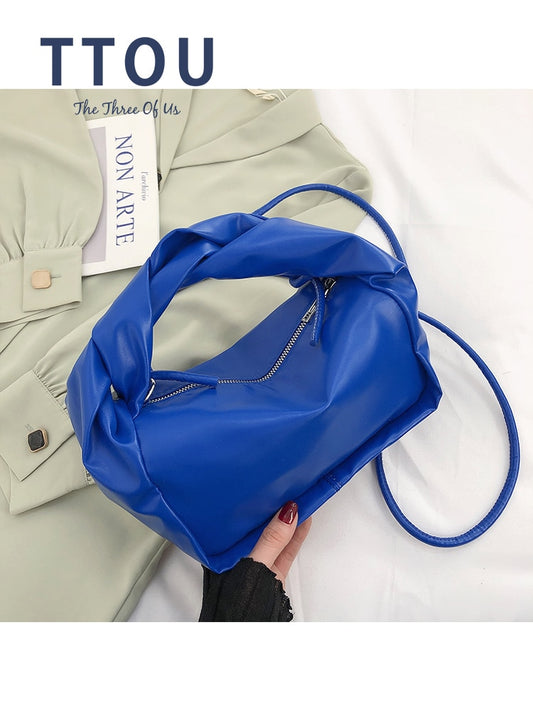 Fold Design Women Handbag Soft Leather Crossbody Shoulder Bags Solid Color Hobos Clutch Purse Female Lady Retro Zipper Pouch