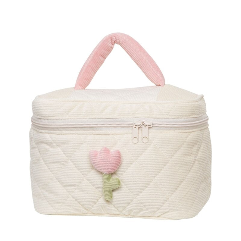 Women&#39;s Tulip Flowers Pouch Large Capacity Travel Cosmetic Bag Corduroy Zipper Toiletry Bags Portable Storage Box Casual Organiz