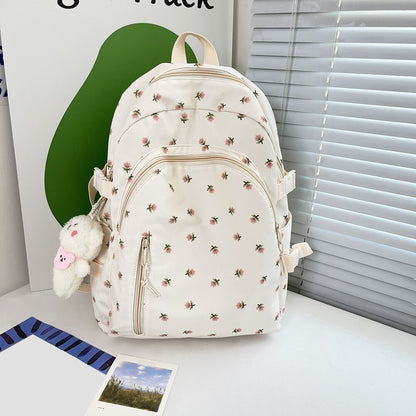 Fashion New Floral Women Backpack Large Capacity Nylon Schoolbag College Teenage Girl Travel Book Bags with Pendant Decoration