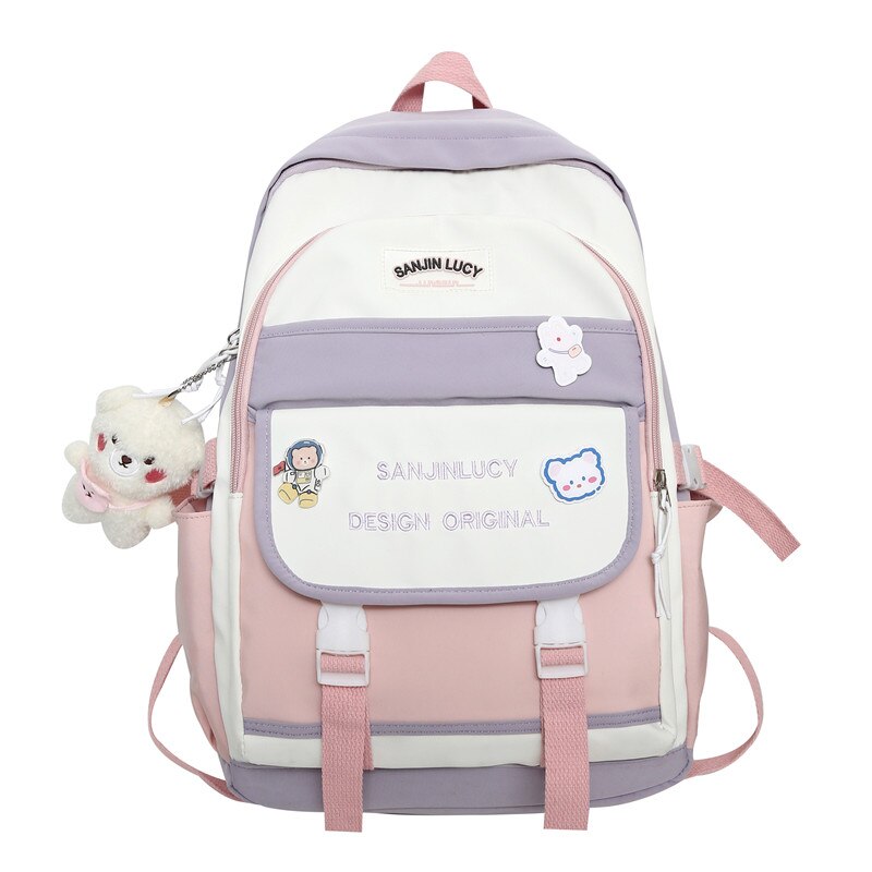 Simple and Lovely Women&#39;s Fashion Backpack Large Nylon Waterproof Large Capacity Badge School Backpack Teenager Backpack Women