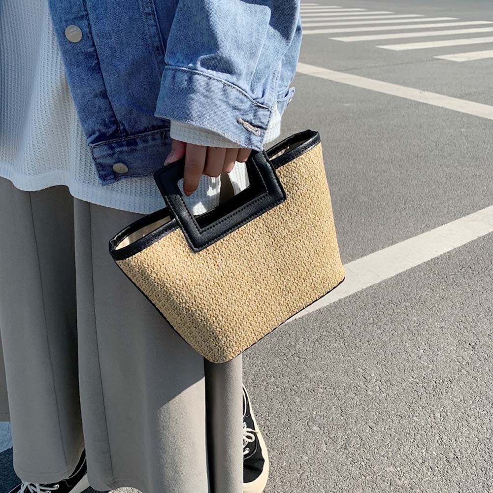 Fashion Straw Tote Bag Women PU Leather Splicing Clutches Summer Handwoven Beach Holiday Handbags Elegant Weave Top-Handle Bag