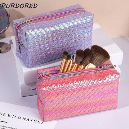 PURDORED 1 Pc Women Laser Color Makeup Bag  Travel Pu Leather Waterproof Cosmetic Bag Organizer Case Make Up Case Necessaries