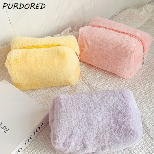 PURDORED 1 Pc Solid Color Fur Makeup Bag for Women Soft Travel Cosmetic Bag Organizer Case Young Lady Make Up Case Necessaries