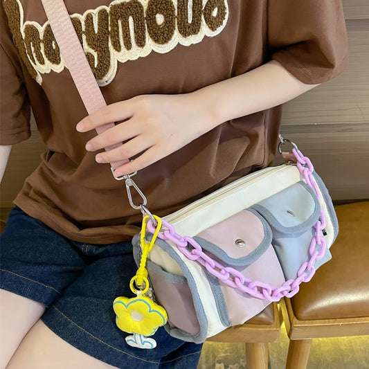 Kawaii Contrast Color Women Bag Fashion Double Pocket Chain Lady&#39;s Bag Female Leisure Shoulder Bag Cute messenger Bags Small