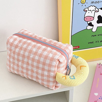 PURDORED 1 Pc Cute Plaid  Makeup Bag for Women Zipper Candy Color Girl  Cosmetic Bag Travel Make Up Pouch Student Pencil Bag