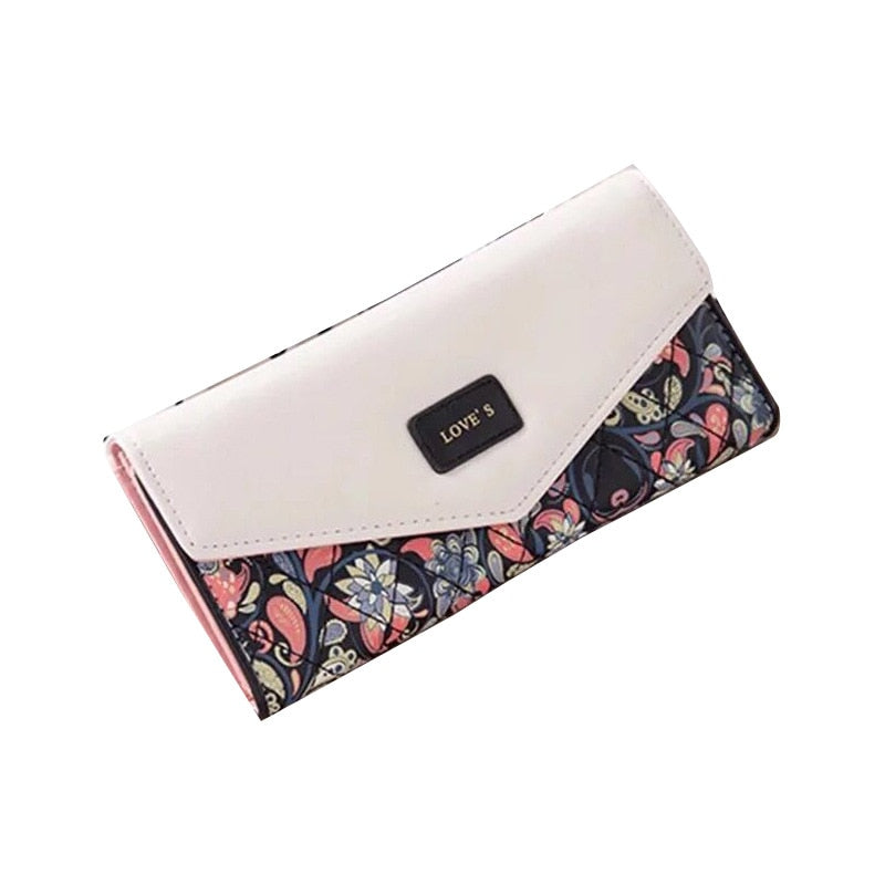 Women Envelope Floral Long Wallet Hit Color Tri-fold Flowers Printing Female  Pu Leather Hasp Coin Purses Lady Clutch Phone Bag