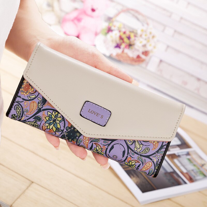 Women Envelope Floral Long Wallet Hit Color Tri-fold Flowers Printing Female  Pu Leather Hasp Coin Purses Lady Clutch Phone Bag