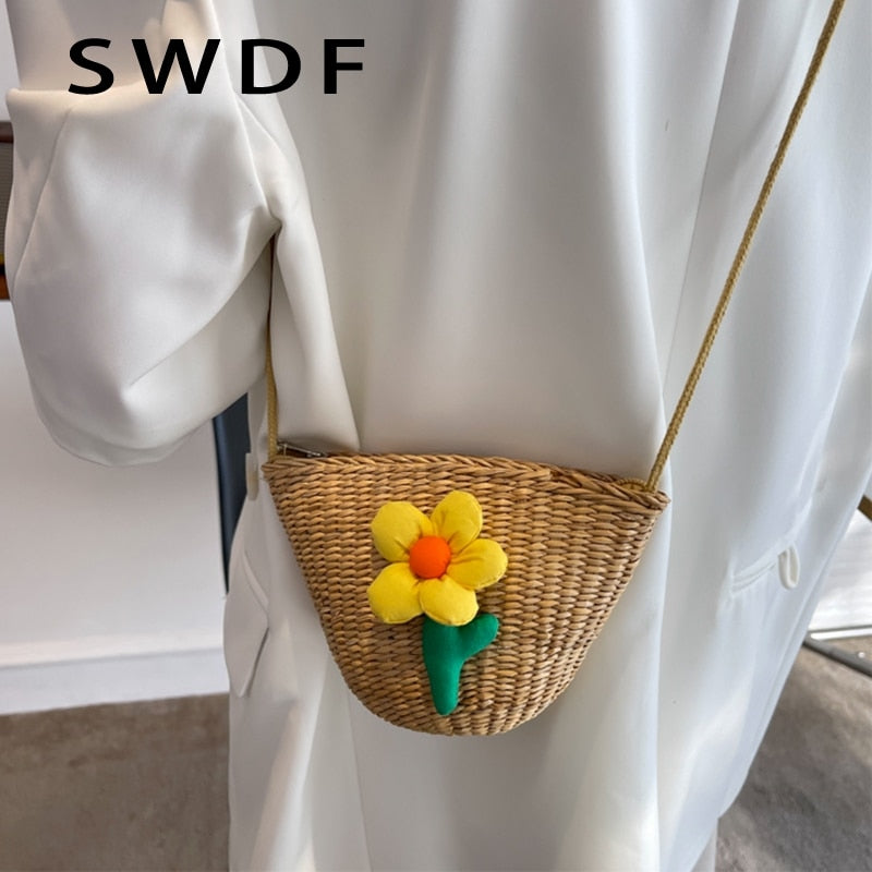 SWDF New Popular Bag Women&#39;s Fashion Bags Summer Small Vacation Bag Beach Bag Crossbody Straw Basket Bag Bucket Bag Shoulder Bag