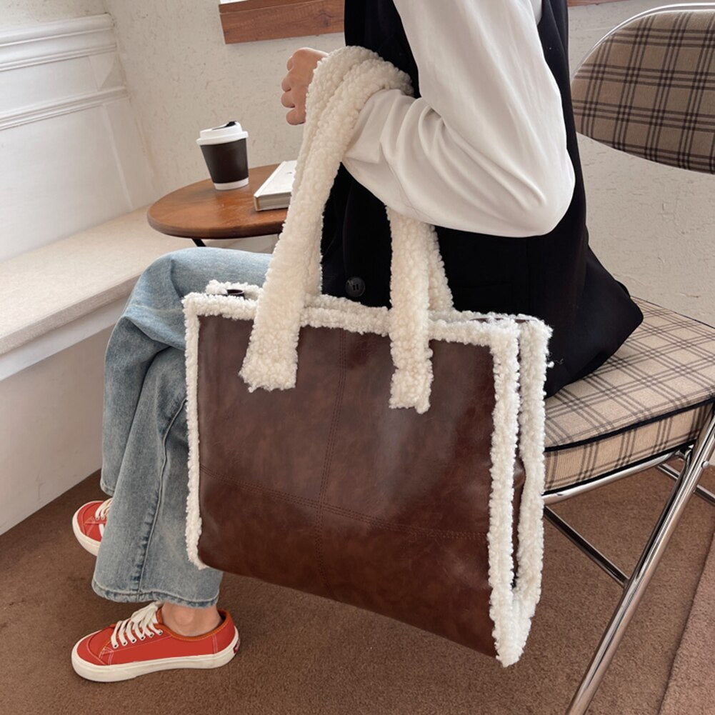 Women New PU Leather Faux Fur Top-handle Tote Bag Student Winter Fashion Faux Lamb Wool Big Capacity Laptop Everyday Handbag