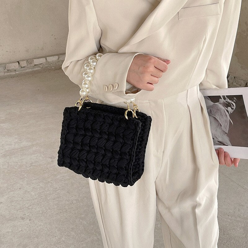 Fashion Rope Knitting Women&#39;s Handbags Luxury Pearls Chains Tote Brand Crochet Handbags and Purses Designer Woven Bags for Women