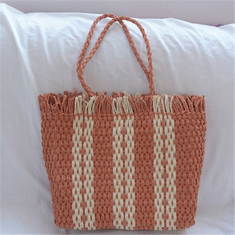 New Fashion Buckle Fringe Straw Bag Large Capacity Summer Paper Rope Woven Striped Women&#39;s Handbag Designer Women&#39;s Shoulder Bag