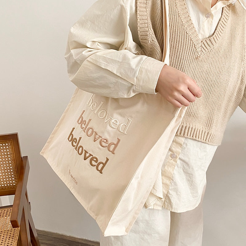 Women Canvas Shoulder Bag Beloved Embroidery Daily Shopping Bags Students Books Bag Thick Cotton Cloth Handbags Tote For Girls
