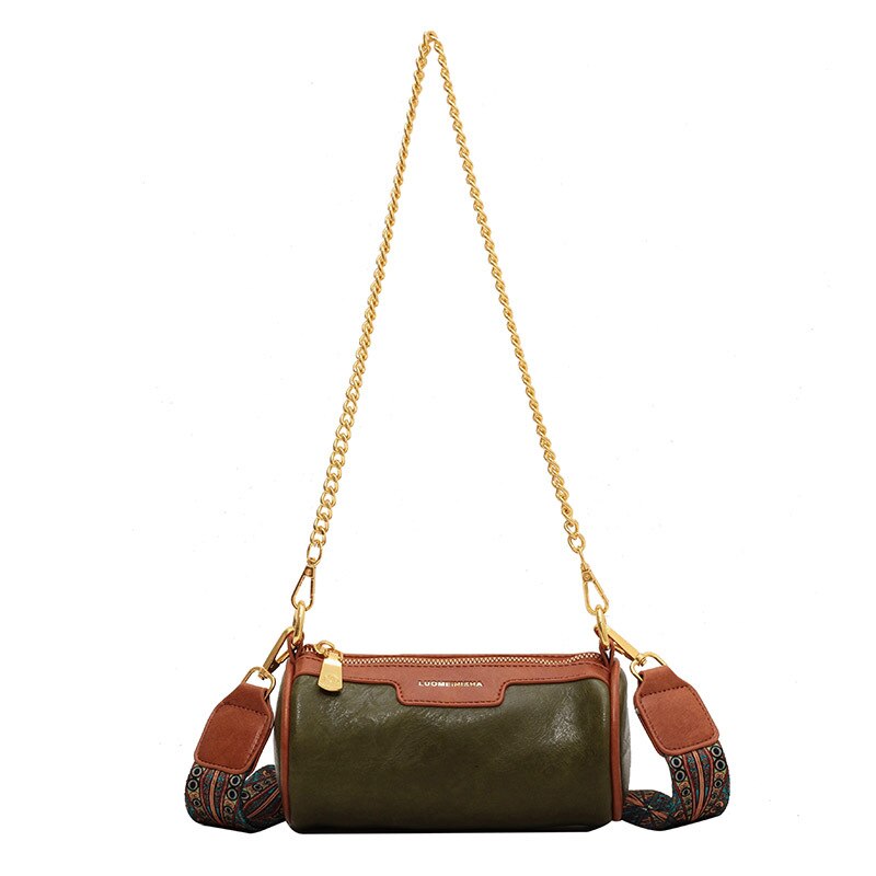 Women&#39;s Color Matching Chain Shoulder Bag Cylinder Vintage Casual Crossbody Bag Luxury Leather Ladies Underarm Bag Mobile Wallet