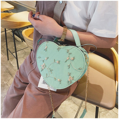 Female Sweet Lace Heart Round Handbags High Quality PU Leather Cross Body Bags for Women Small Fresh Flower Chain Shoulder Bags